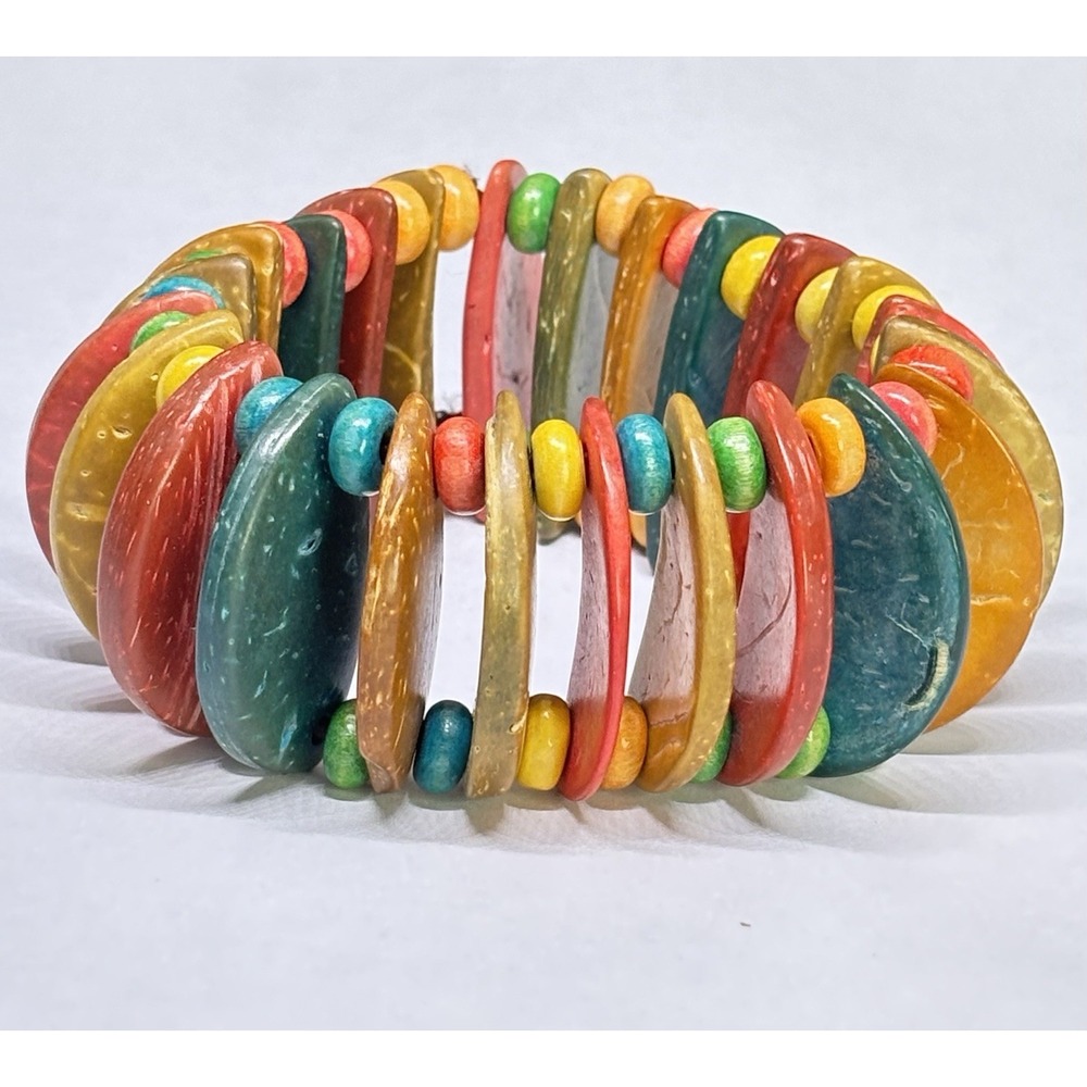 Vintage Dyed Coconut Shell Stretch Bracelet Colorful Tribal Tropical Island